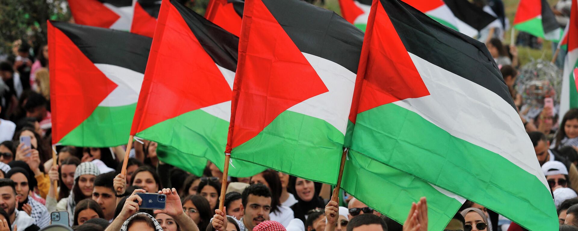 Arab Israeli protestors hold up Palestinian national flags during a demonstration near the city of Sakhnin in northern Israel, on May 5, 2022 ahead of the Palestinian marking of the 74th anniversary of the Nakba, the catastrophe of Israel's creation in 1948. - - Sputnik International, 1920, 15.05.2022