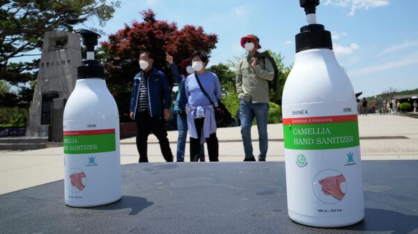 Bottles of hand sanitizer are placed at the Imjingak Pavilion in Paju, South Korea, near the border with North Korea, Sunday, May 15, 2022. - Sputnik International