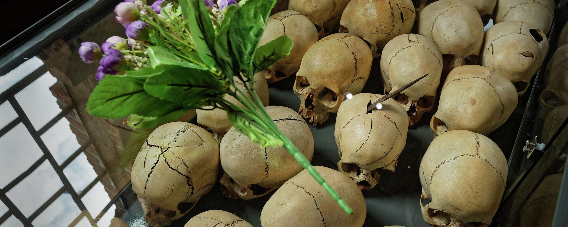 FILE - Flowers are laid on top of a glass case containing the skulls of some of those who were slaughtered as they sought refuge in the church, kept as a memorial to the thousands who were killed in and around the Catholic church during the 1994 genocide, inside the church in Ntarama, Rwanda, on April 5, 2019 - Sputnik International, 1920, 16.05.2022