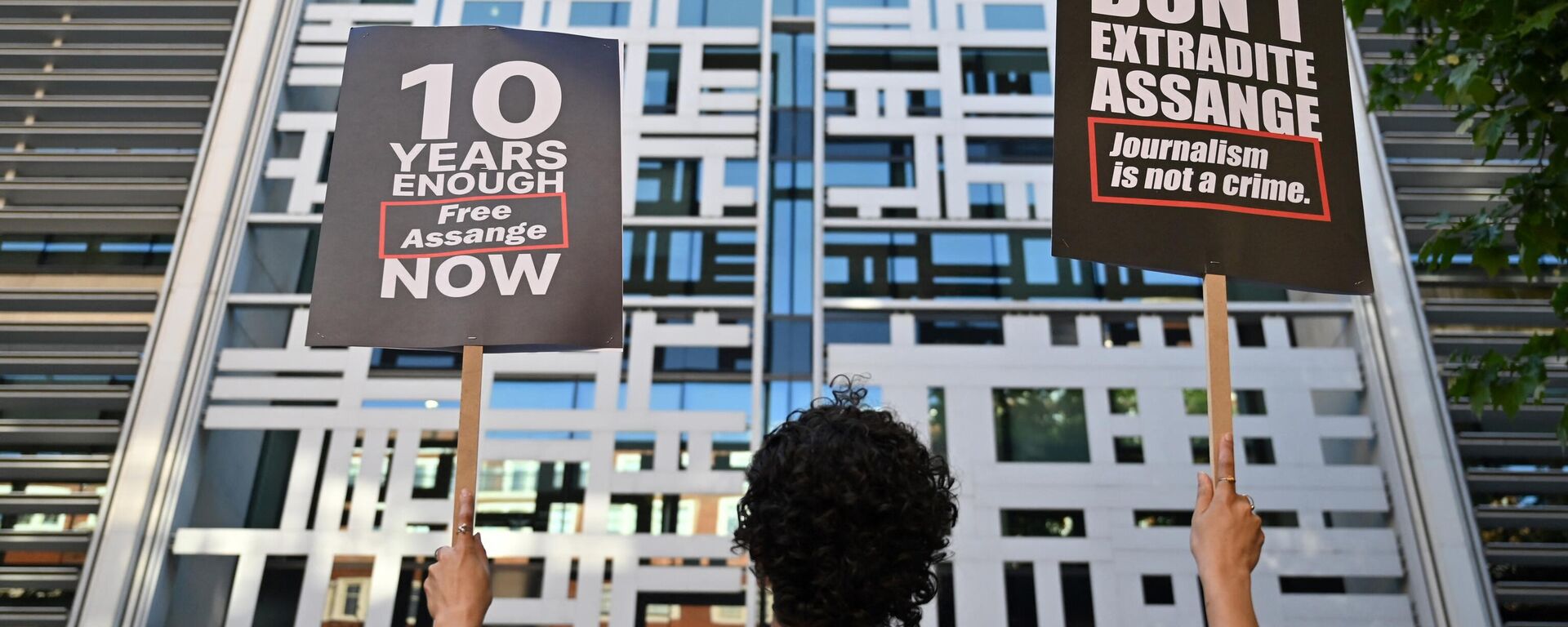 A demonstrator holds two placards while standing in front of Home Office building, in London, on May 17, 2022, to protest against the extradition of Wikileaks founder Julian Assange. - Sputnik International, 1920, 17.05.2022