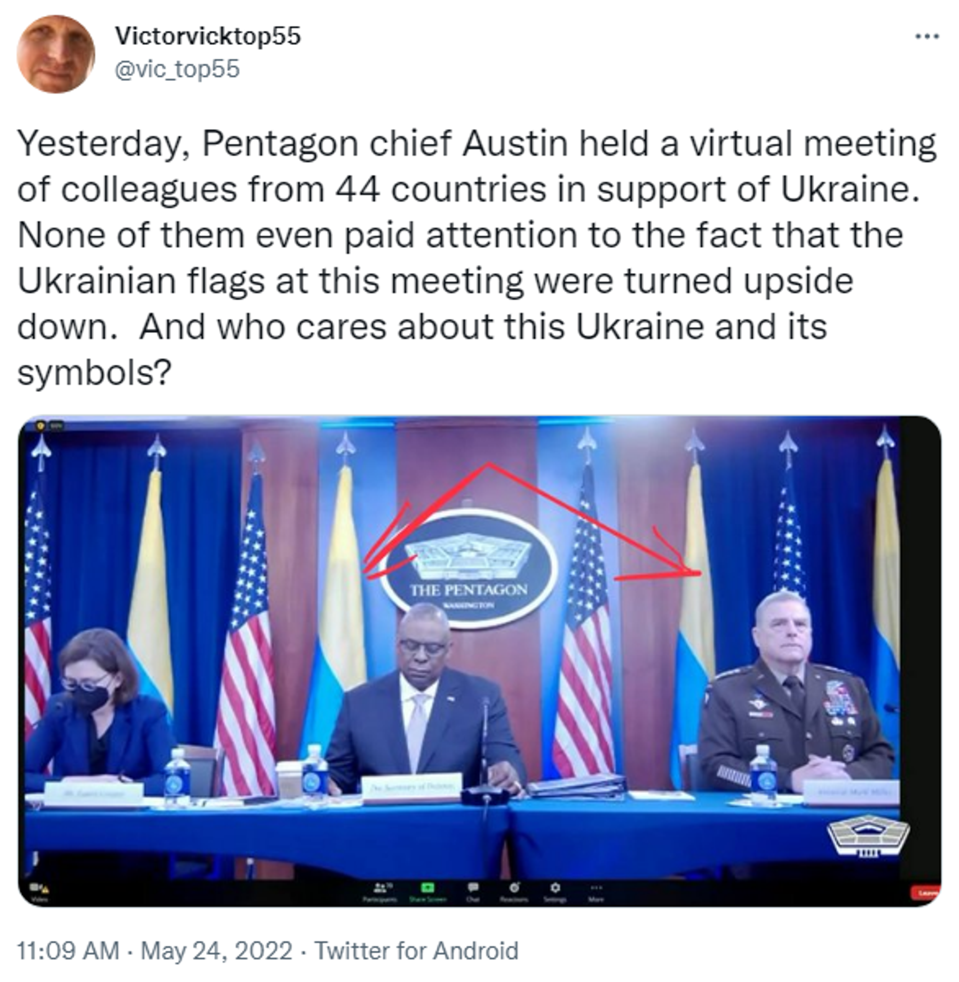 Tweet ridiculing upside-down Ukrainian flags at an international meeting of defence ministers to raise military aid for Ukraine. - Sputnik International, 1920, 25.05.2022