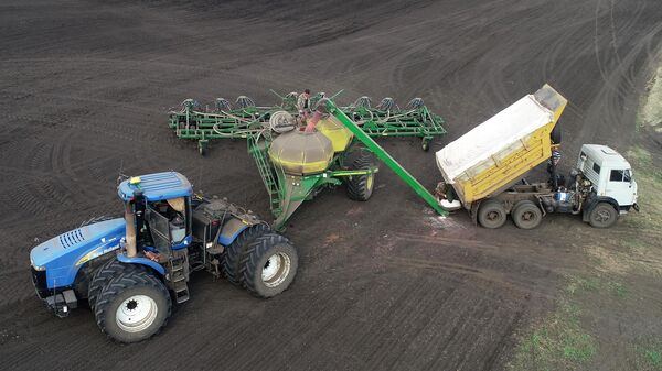 Russian farmers load fertilizer into a sowing machine in Krasnoyarsk region, Russia. - Sputnik International