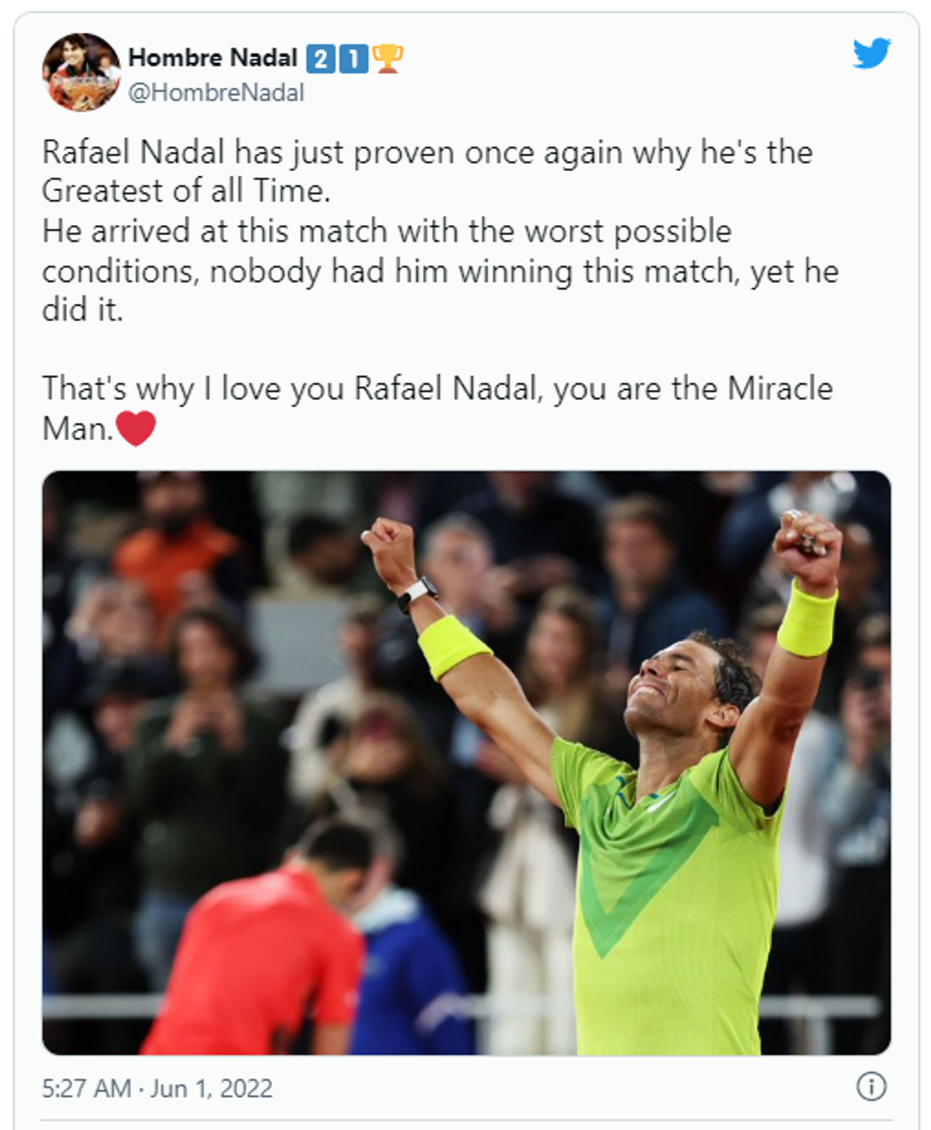 Twitter screenshot of a Rafa Nadal fan after French Open quarterfinal win over Novak Djokovic - Sputnik International, 1920, 01.06.2022