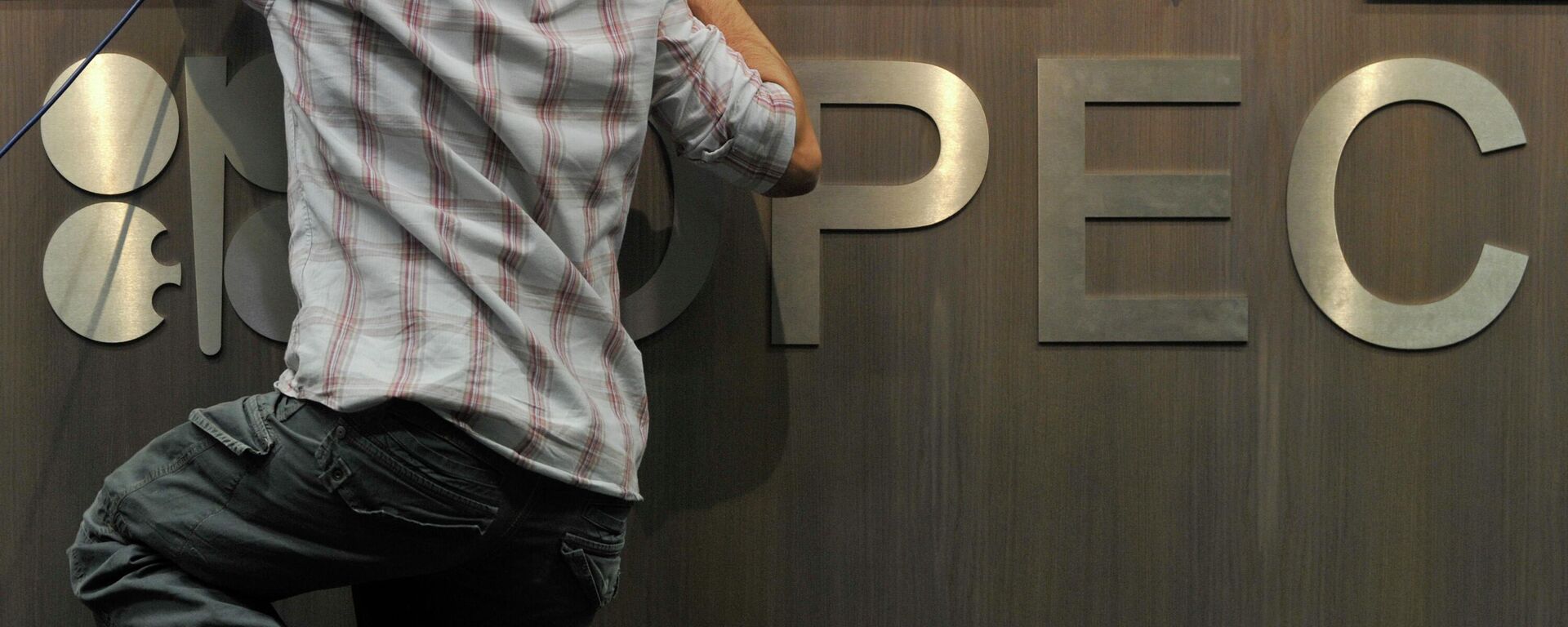 A journalist is seen on his knees in front of the logo of the Organization of the Petroleum Exporting Countries (OPEC) before a press conference after the OPEC meeting in Vienna, Austria, Wednesday, June 8, 2011 - Sputnik International, 1920, 02.06.2022