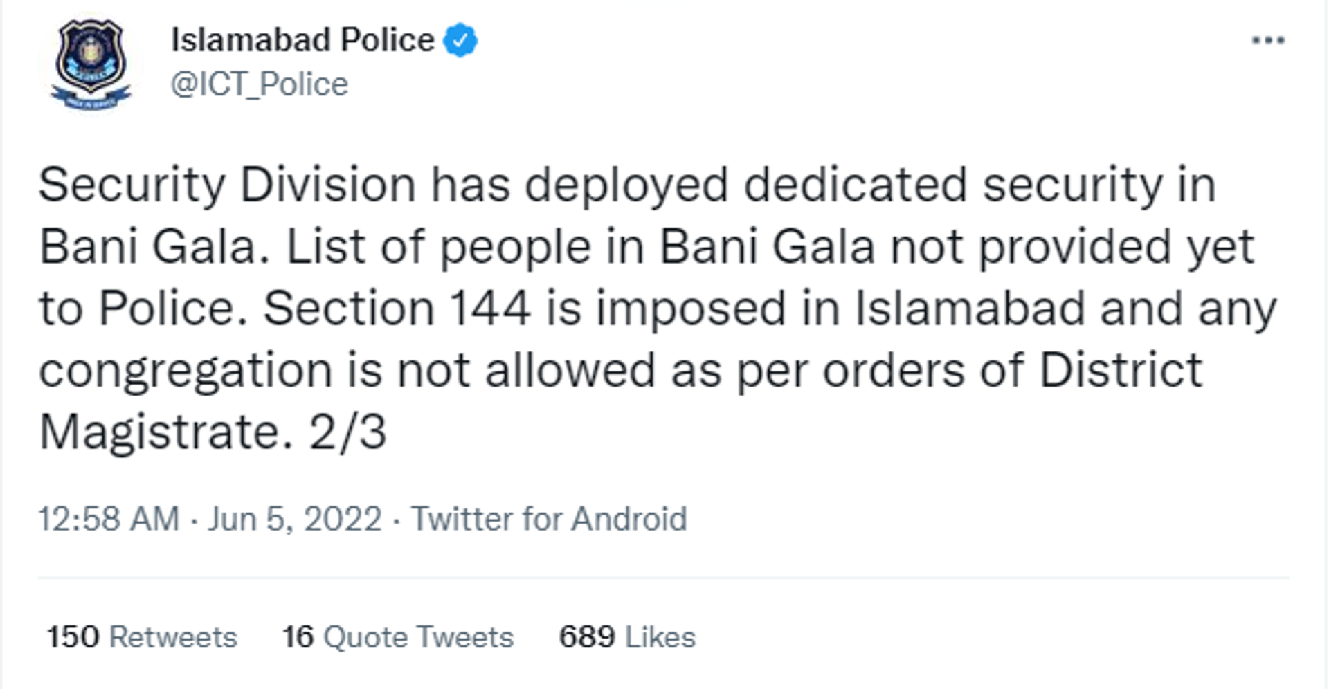 Section 144 Imposed in Islamabad and No Gatherings are Allowed - Sputnik International, 1920, 05.06.2022