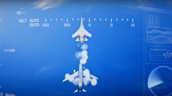 Artist's visualization of Chinese fighter intercept of Australian maritime recon aircraft and the firing of a cloud of chaff ingested by the Aussie plane's engine. Screengrab of 9 News Australia report. - Sputnik International