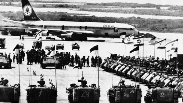 Israeli troops and armored personnel carriers the departure ceremony in September 1982 at the Beirut airport in Lebanon, troops of the Golani brigade captured the airport during some of the toughest fighting of the Lebanon war. (AP Photo/ Max Nash) - Sputnik International