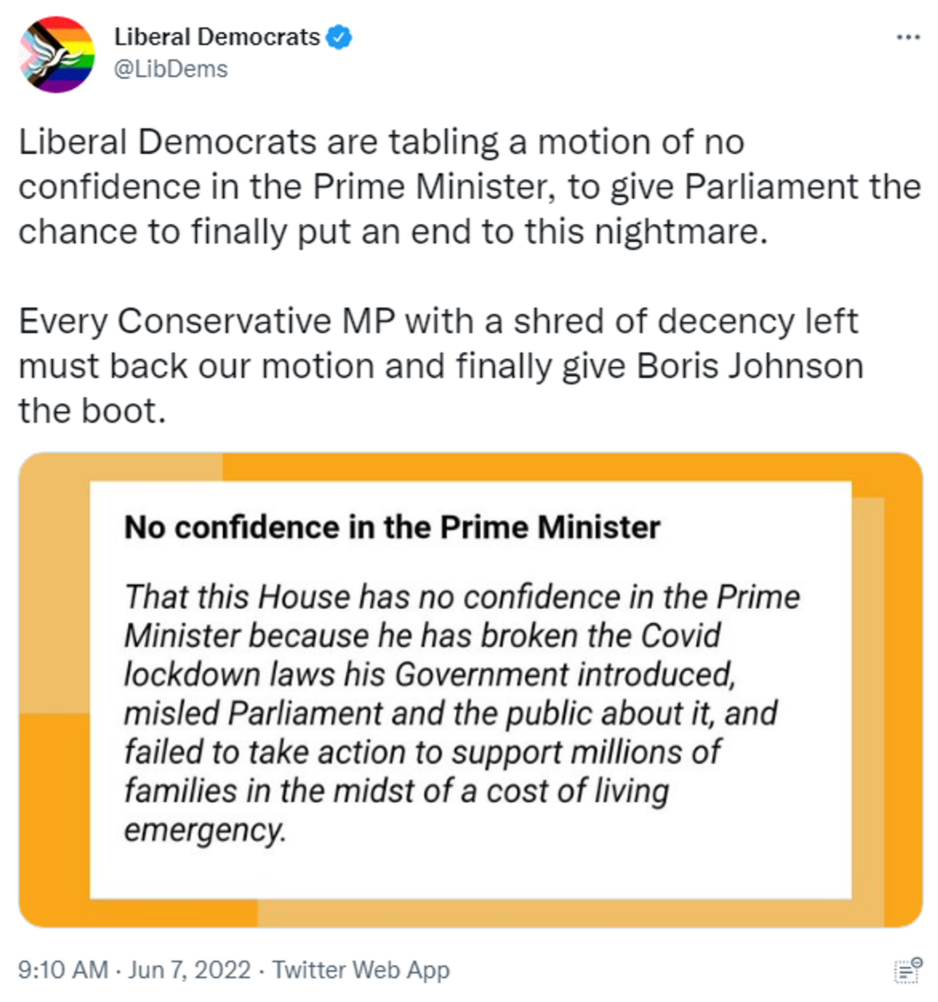 Tweet by the British Liberal Democratic Party announcing a no-confidence motion in Prime Minister Boris Johnson - Sputnik International, 1920, 07.06.2022