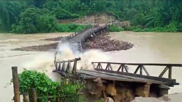 A wooden bridge has been washed away by floods in the Garo Hills of Meghalaya - Sputnik International