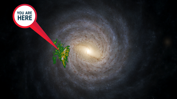 This image shows an artistic impression of the Milky Way, and on top of that an overlay showing the location and densities of a young star sample from Gaia’s data release 3 (in yellow-green). The “you are here” sign points towards the Sun.  - Sputnik International