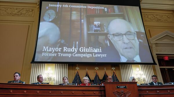 WASHINGTON, DC - JUNE 13: Video from a deposition with former President Trump advisor Rudy Giuliani is played during a hearing by the Select Committee to Investigate the January 6th Attack on the U.S. Capitol in the Cannon House Office Building on June 13, 2022 in Washington, DC.  - Sputnik International