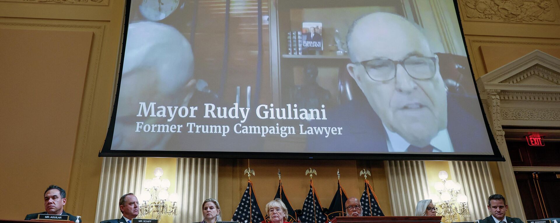 WASHINGTON, DC - JUNE 13: Video from a deposition with former President Trump advisor Rudy Giuliani is played during a hearing by the Select Committee to Investigate the January 6th Attack on the U.S. Capitol in the Cannon House Office Building on June 13, 2022 in Washington, DC.  - Sputnik International, 1920, 14.06.2022
