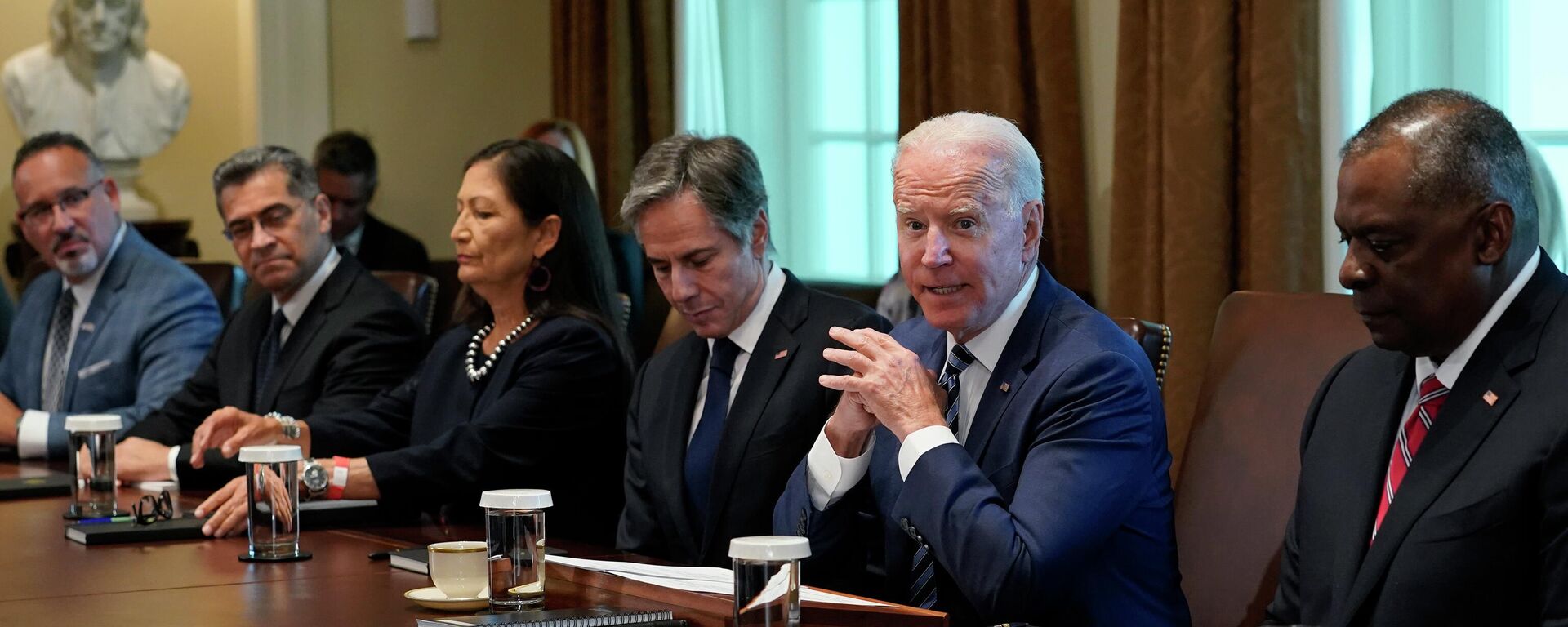 President Joe Biden speaks during a meeting with his Cabinet in the Cabinet Room at the White House in Washington, Tuesday, July 20, 2021. From left, Secretary of Education Miguel Cardona, Secretary of Health and Human Services Xavier Becerra, Secretary of the Interior Deb Haaland, Secretary of State Antony Blinken, Biden and Secretary of Defense Lloyd Austin. (AP Photo/Susan Walsh) - Sputnik International, 1920, 14.08.2023