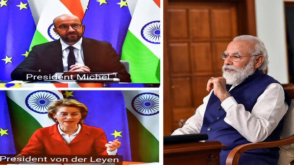 (COMBO) In this combination of handout pictures taken on July 15, 2020 and created by the Indian Press Information Bureau (PIB), India's Prime Minister Narendra Modi (R) attends the India-EU Virtual Summit 2020 through video conference with President of the European Council Charles Michel (L top) and President of the European Commission Ursula von der Leyen (L bottom), in New Delhi. - Sputnik International