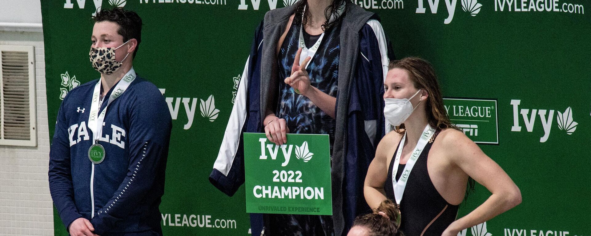 In this file photo taken on February 19, 2022 transgender swimmer Lia Thomas (2nd L) of Penn University and transgender swimmer Iszac Henig (L) of Yale pose with their medals after placing first and second in the 100-yard freestyle swimming race at the 2022 Ivy League Women's Swimming & Diving Championships at Harvard University in Cambridge, Massachusetts. - Sputnik International, 1920, 19.06.2022
