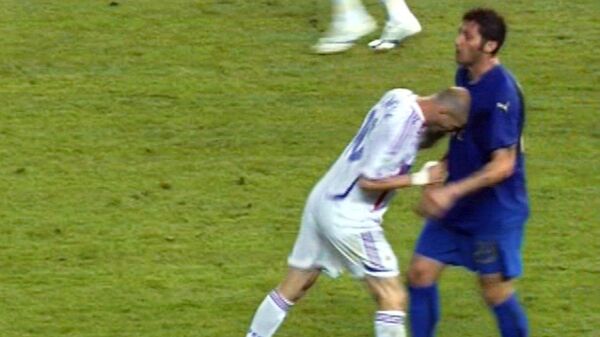 This TV grab taken 09 July 2006 on French TV channel LCI shows France's football team captain Zinedine Zidane (L) butting Italian defender Marco Materazzi during the World Cup 2006 final football match between Italy and France at Berlin’s Olympic Stadium. Italy won 5-3 on penalties after the final had finished tied 1-1 after extra-time - Sputnik International