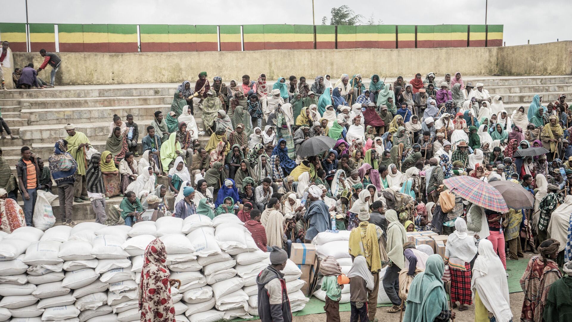 People who fled the war from May Tsemre, Addi Arkay and Zarima gather around in a temporarily built internally displaced people (IDP) camp to receive their first bags of wheat from the World Food Programme (WFP) in Ethiopia, on September 15, 2021. - Sputnik International, 1920, 20.06.2022
