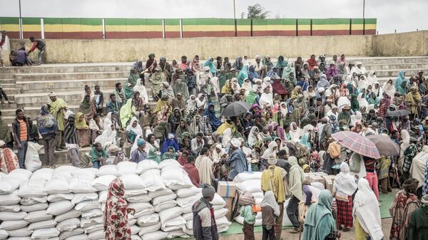 People who fled the war from May Tsemre, Addi Arkay and Zarima gather around in a temporarily built internally displaced people (IDP) camp to receive their first bags of wheat from the World Food Programme (WFP) in Ethiopia, on September 15, 2021. - Sputnik International