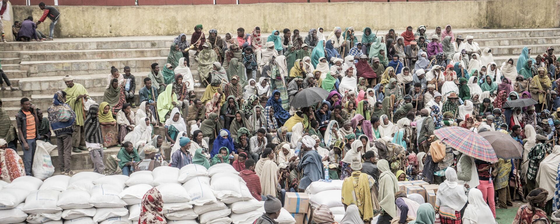 People who fled the war from May Tsemre, Addi Arkay and Zarima gather around in a temporarily built internally displaced people (IDP) camp to receive their first bags of wheat from the World Food Programme (WFP) in Ethiopia, on September 15, 2021. - Sputnik International, 1920, 20.06.2022