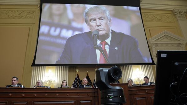 Former U.S. President Donald Trump appears on a video screen during the fourth hearing on the January 6th investigation in the Cannon House Office Building on June 21, 2022 in Washington, DC. - Sputnik International