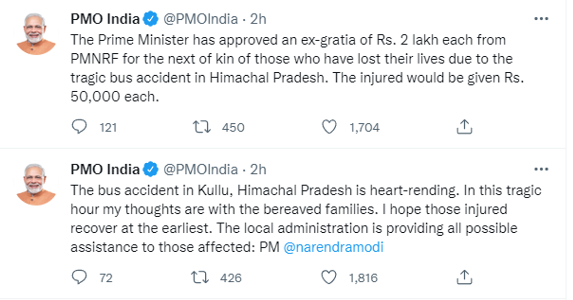 India's Prime Minister Narendra Modi expressed grief over the tragic bus accident in Himachal Pradesh state's Kullu district - Sputnik International, 1920, 04.07.2022