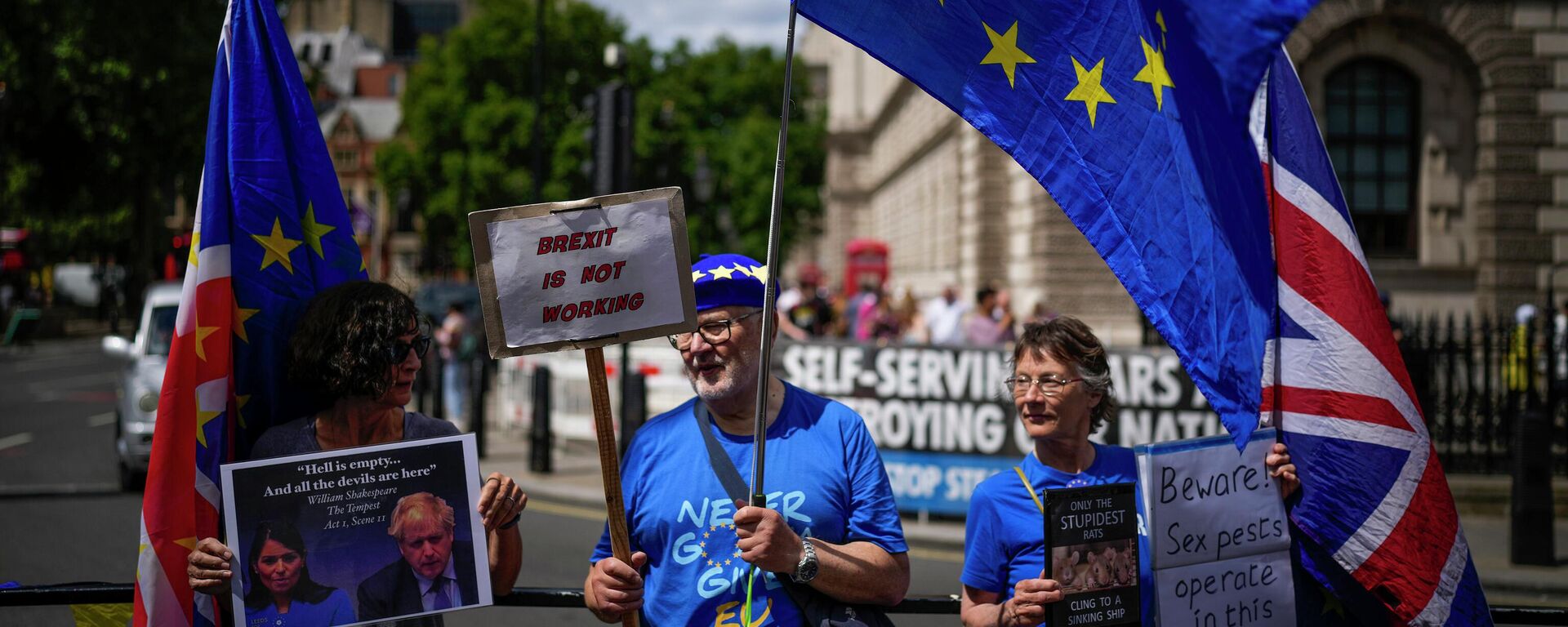 Protesters, one of them holding a photograph of British Prime Minister Boris Johnson and Britain's Home Secretary Priti Patel, stand outside the Houses of Parliament - Sputnik International, 1920, 21.11.2022