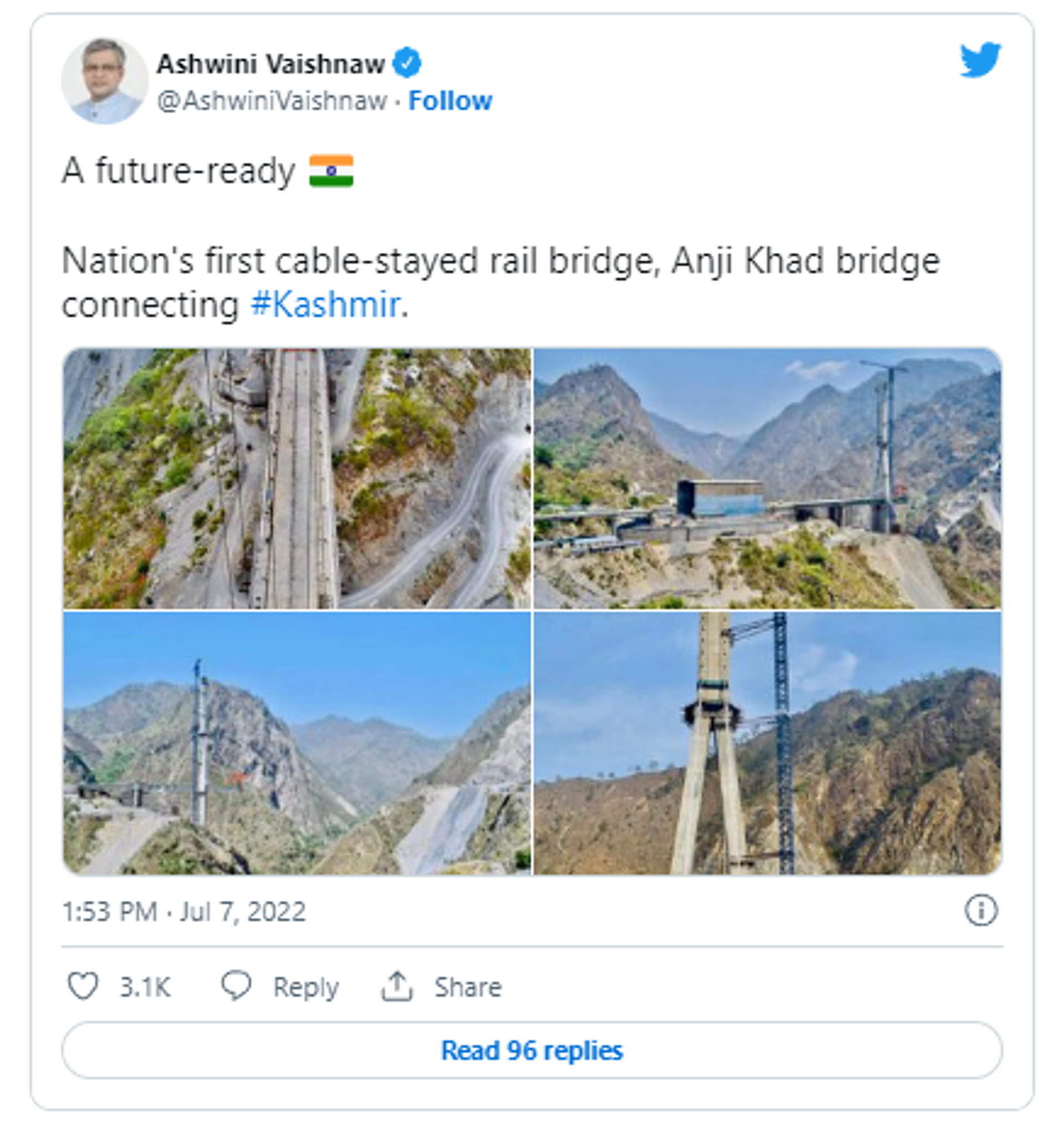 Indian Railway Minister Ashwini Vaishnaw took to Twitter to unveil India's First Cable-Stayed Rail Bridge Coming Up in Jammu and Kashmir - Sputnik International, 1920, 08.07.2022