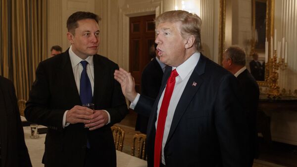 President Donald Trump talks with Tesla and SpaceX CEO Elon Musk, center, and White House chief strategist Steve Bannon during a meeting with business leaders in the State Dining Room of the White House in Washington, Friday, Feb. 3, 2017 - Sputnik International
