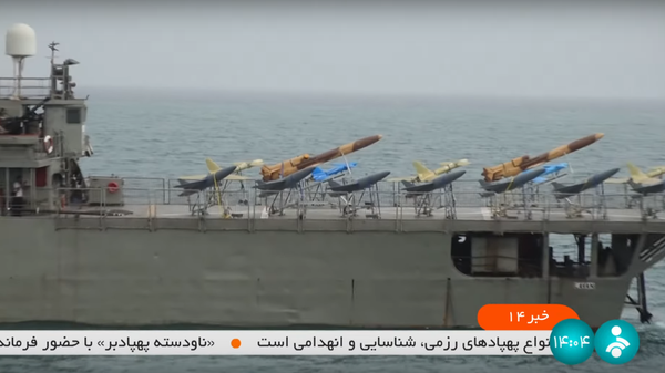 Iranian drones based aboard a warship during drills in the Indian Ocean. Friday, July 15, 2022. Screengrab from Iranian television report. - Sputnik International
