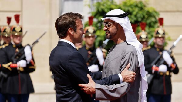France's President Emmanuel Macron welcomes United Arab Emirates President Sheikh Mohamed bin Zayed Al-Nahyan for a working lunch at the Elysee Palace, in Paris, on July 18, 2022.  - Sputnik International