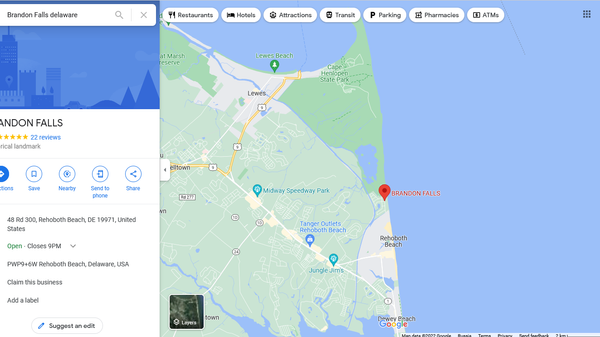 Screenshot of Google Maps showing new location of 'Brandon Falls', Delaware. - Sputnik International