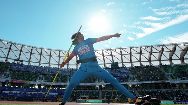 Neeraj Chopra, of India, competes in qualifications for the men's javelin throw at the World Athletics Championships on Thursday, July 21, 2022, in Eugene, Ore. - Sputnik International