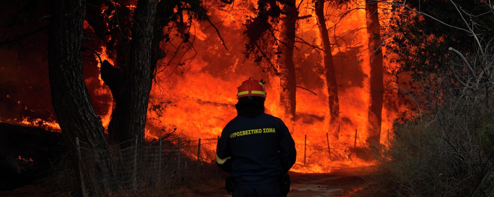 A firefighter tries to extinguish a forest fire near the beach resort of Vatera, on the eastern Aegean island of Lesvos, Greece, on Saturday, July 23, 2022. People were evacuated on Saturday as a wildfire threatened properties near a beach in the southern part of the island, which is also a popular tourist attraction. - Sputnik International, 1920, 24.07.2023