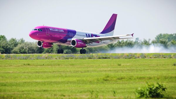 The first scheduled flight of the low-cost Wizz Air airlines from London-Luton, Great Britain, lands at the airport of Debrecen, 226 kms east of Budapest, Monday, June 18, 2012. This is the first ever scheduled flight connecting Debrecen and London. (AP Photo/MTI, Zsolt Czegledi) - Sputnik International