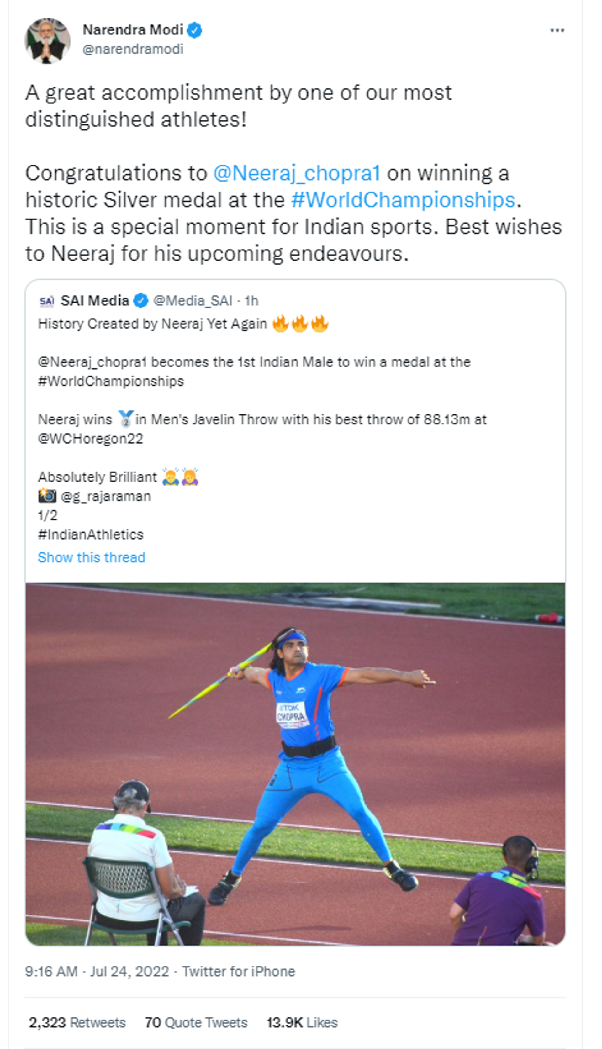 Prime Minister Narendra Modi congratulated Javelin star Neeraj Chopra on his big victory at World Athletics Championships - Sputnik International, 1920, 24.07.2022