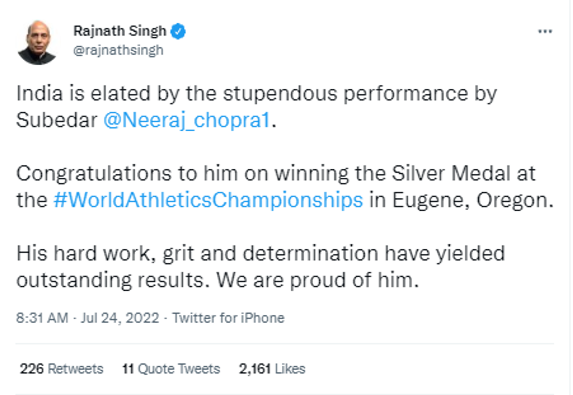 India's Defence Minister Rajnath Singh congratulated Javelin star Neeraj Chopra on his big victory at World Athletics Championships - Sputnik International, 1920, 24.07.2022