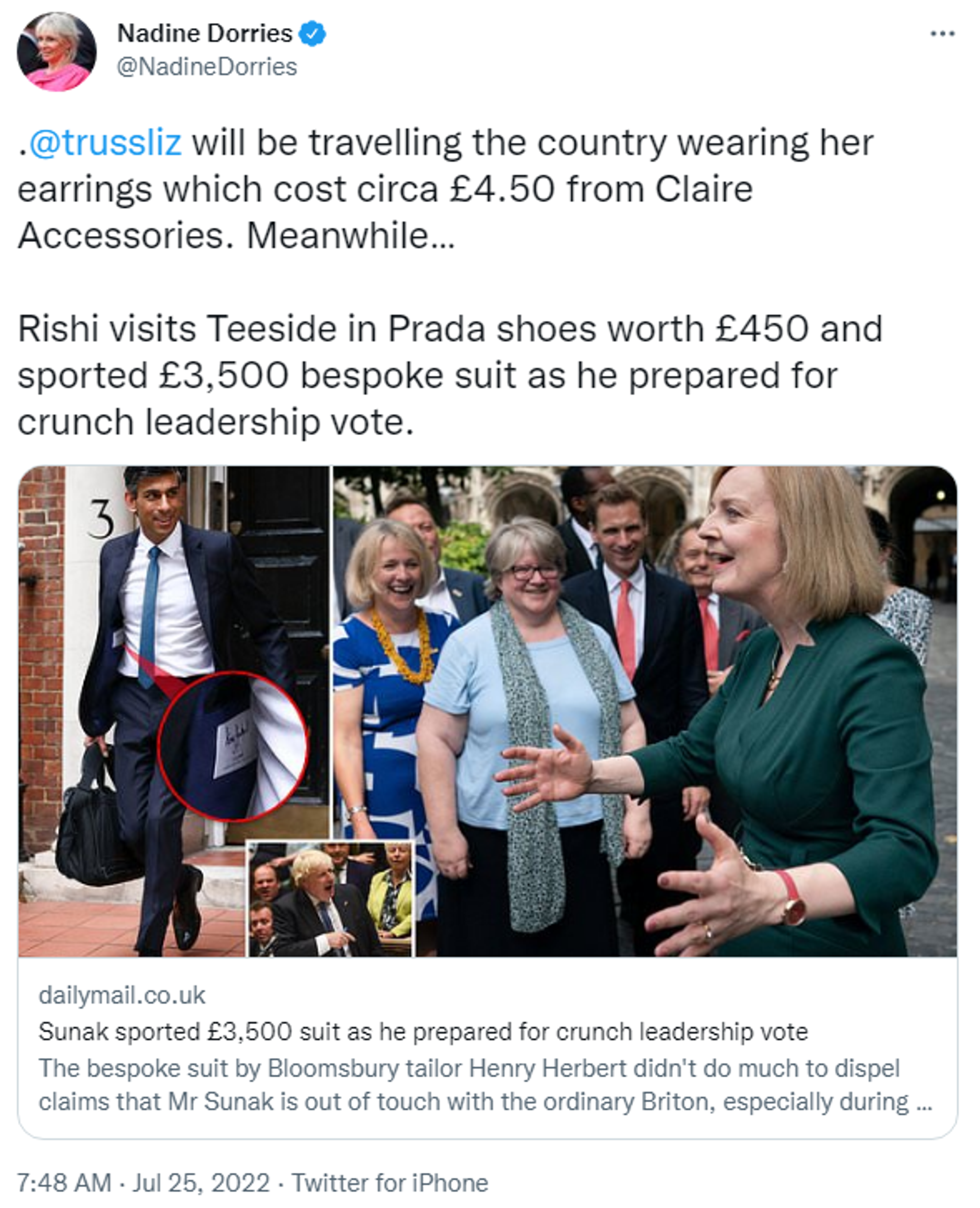 Tweet by British DCMS secretary Nadine Dorries criticising former chancellor Rishi Sunak's expensive tastes - Sputnik International, 1920, 25.07.2022