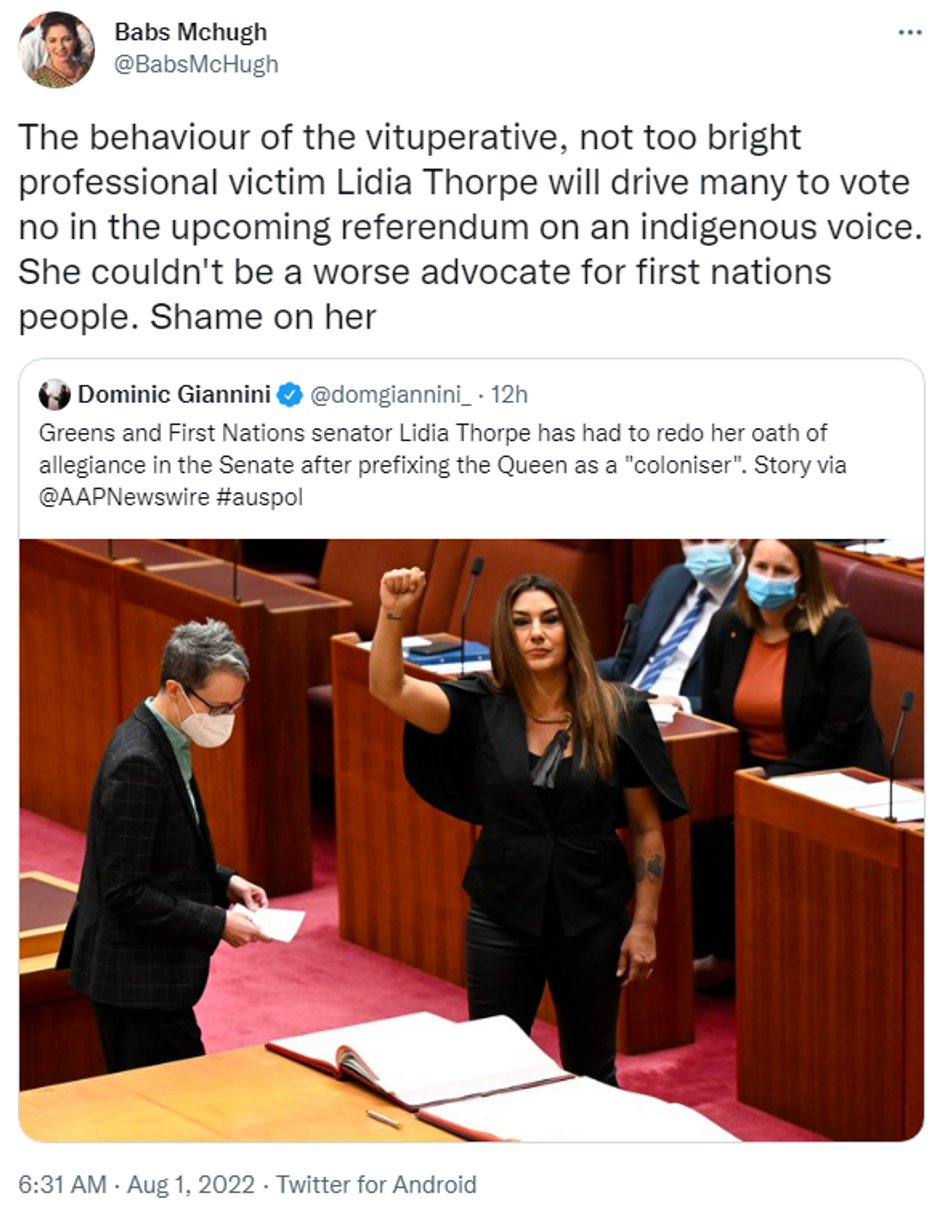 Tweet criticising aboriginal Victoria State senator Lidia Thorpe for accusing Queen Elizabeth II of colonising her country - Sputnik International, 1920, 01.08.2022