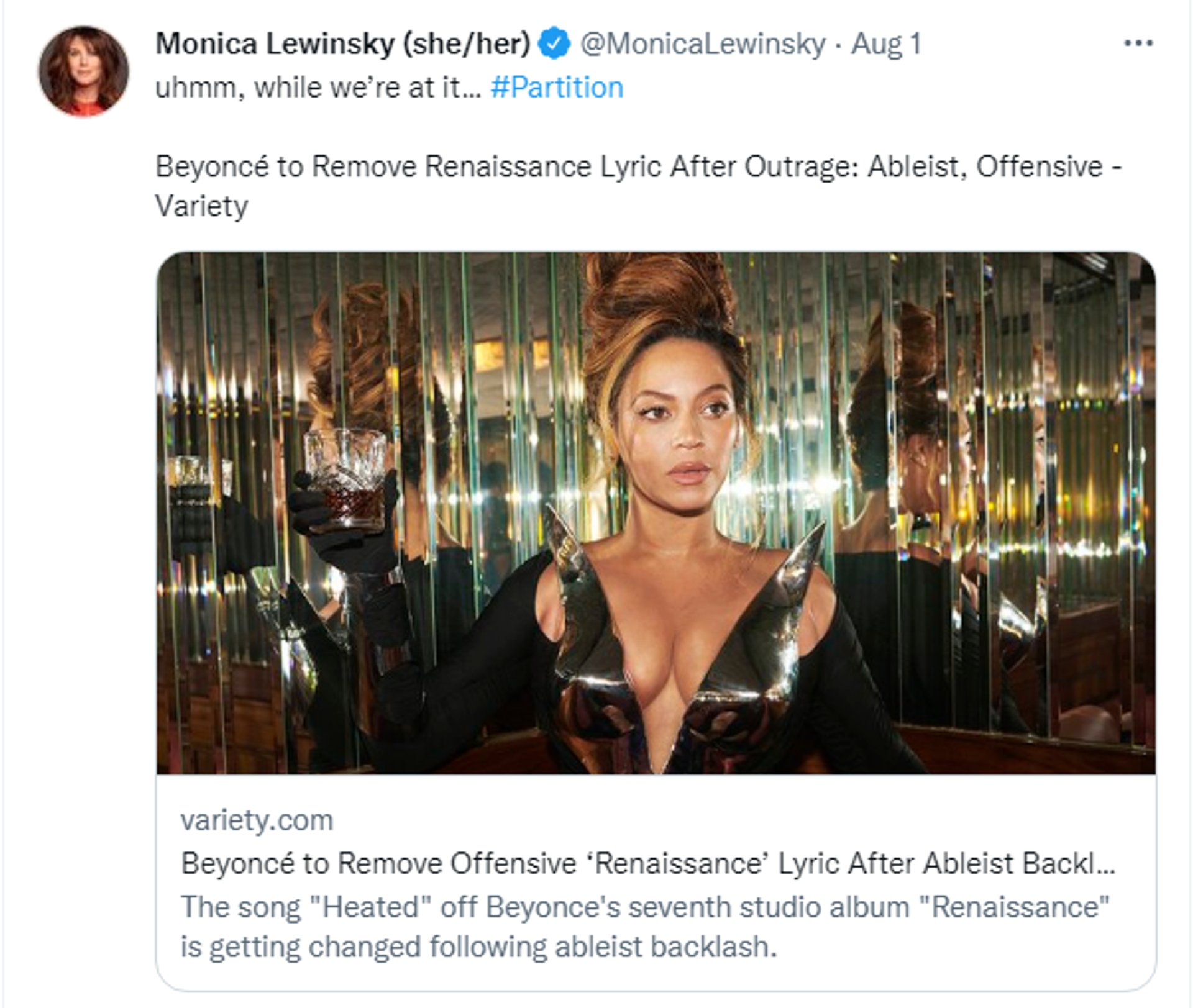 A screenshot of a tweet by Monica Lewinsky regarding Beyonce's song using her name. - Sputnik International, 1920, 03.08.2022