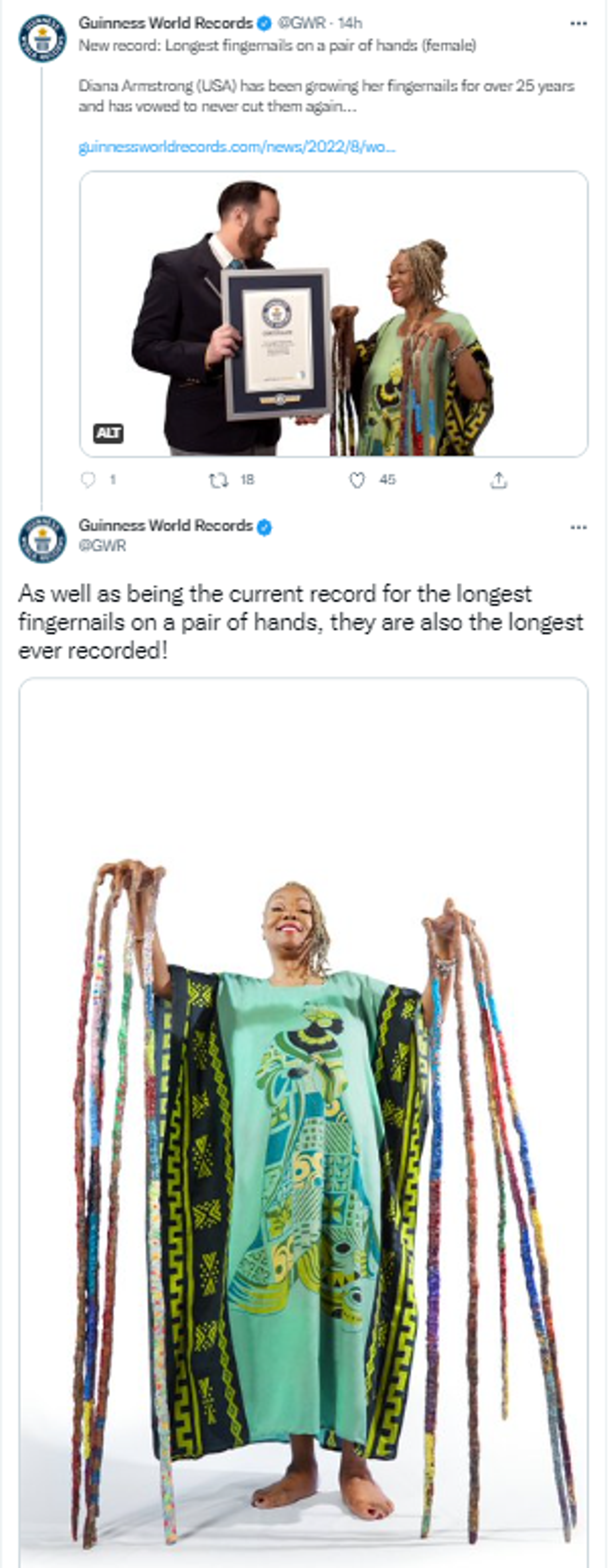 Woman with 42-feet inch fingernails earns two Guinness World Records; she's  been growing them for 25 years | Viral News, Times Now