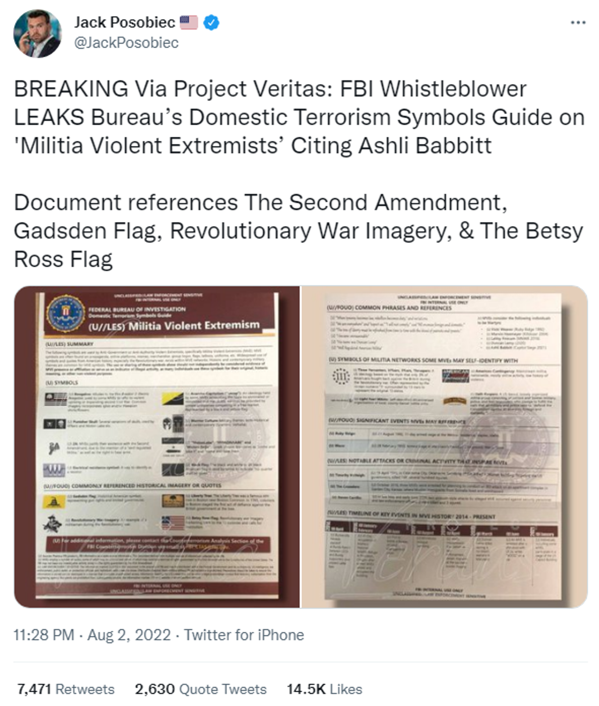 Tweet of an FBI list of symbols used by Militia violent extremists and domestic terrorists, leaked to Project Veritas - Sputnik International, 1920, 03.08.2022