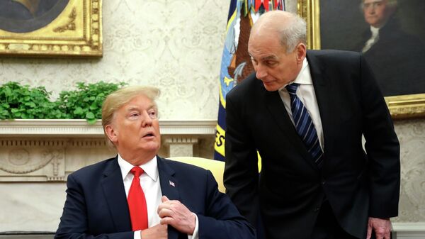 FILE - In this June 27, 2018 file photo, White House Chief of Staff John Kelly, right, leans in to talk with President Donald Trump during Trump's meeting with Portuguese President Marcelo Rebelo de Sousa, in the Oval Office of the White House in Washington.  Kelly is defending former White House national security aide, Army Lt. Col. - Sputnik International