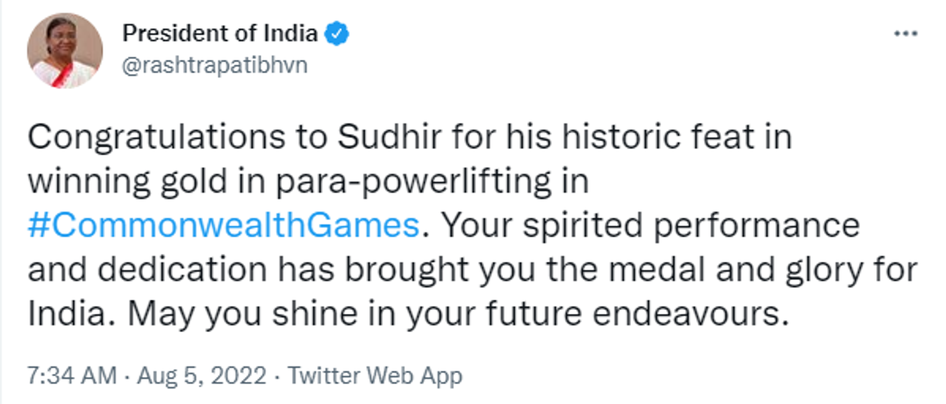 President Draupadi Murmu Congratulated Sudhir for Winning Historic Gold Medal at Commonwealth Games - Sputnik International, 1920, 05.08.2022