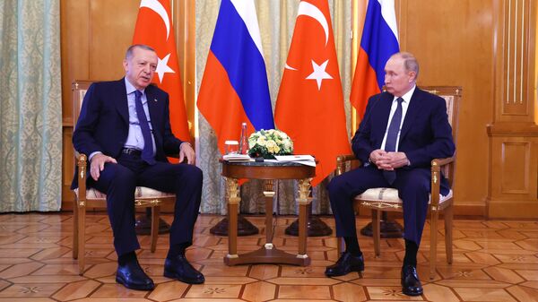 Russian President Vladimir Putin and his Turkish counterpart, Recep Tayyip Erdogan meet in Sochi, Russia on Friday August 5, 2022. - Sputnik International