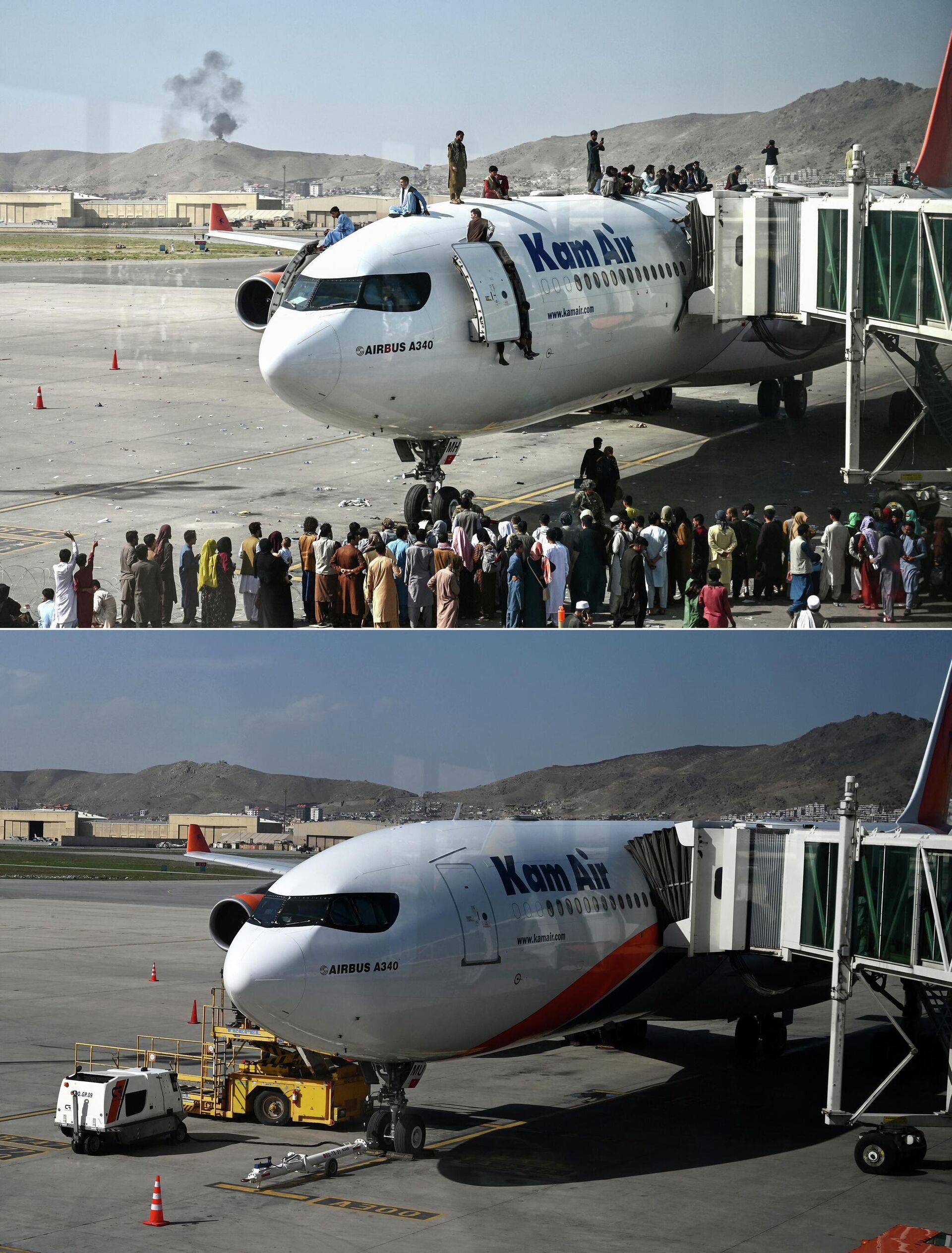 This combination of pictures created on August 10, 2022, shows (top) Afghan people climbing atop of a plane as they wait at the Kabul airport in Kabul on August 16, 2021, and (bottom) the same area of the airport taken on August 1, 2022.  - Sputnik International, 1920, 29.08.2022