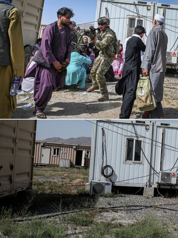 This combination of pictures taken on 10 August 2022, shows, top, a US soldier (center) pointing his gun at an Afghan passenger at Kabul airport on 16 August 2021, and, bottom, the same area of the airport on 1 August 2022. - Sputnik International