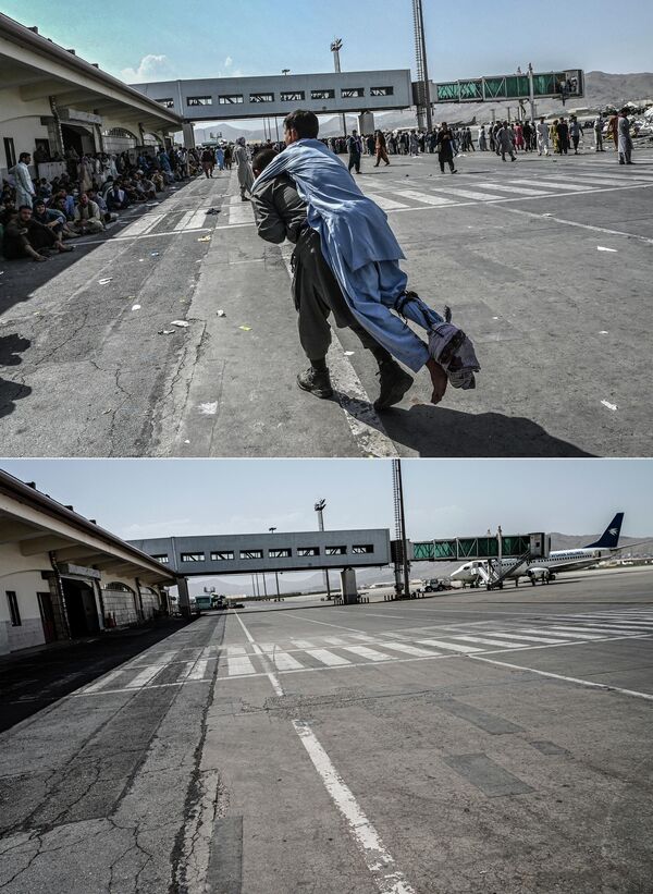 This combination of pictures shows, top, a volunteer carrying an injured man as others wait at Kabul airport on 16 August 2021, and, bottom, the same area of the airport on 1 August 2022. - Sputnik International