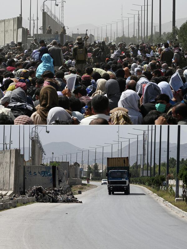This combination of pictures shows, top, Afghans gathering on a road near the military part of the airport in Kabul on 20 August 2021, and, bottom,  the same area of the airport on 3 August 2022. Tens of thousands of Afghan men, women and children rushed to Kabul&#x27;s airport a year ago in a desperate bid to flee the advancing Taliban. Images of crowds storming parked planes, and some clinging to a departing US military cargo plane as it rolled down the runway were aired in news bulletins globally. The airport has now returned to a degree of normality. - Sputnik International