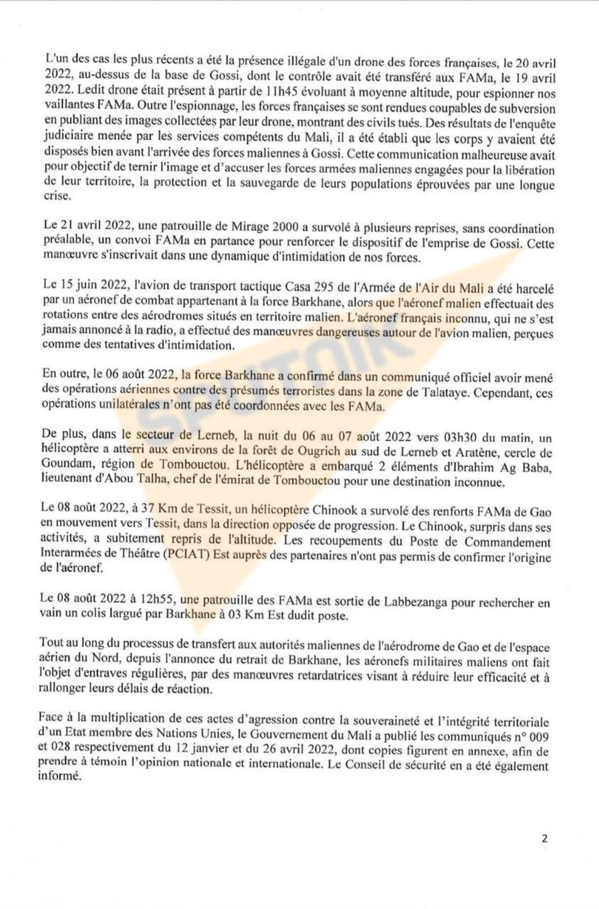 The second page of an August 15, 2022, letter from Diop to Zhang, accusing France of supporting terrorist groups inside Mali. - Sputnik International, 1920, 17.08.2022