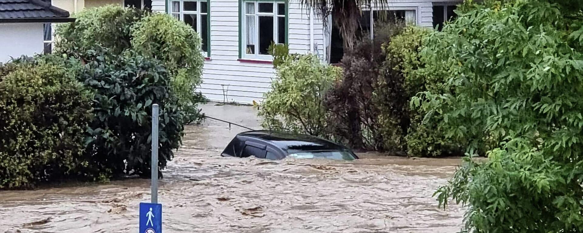 This handout picture taken on August 17, 2022 by local media outlet Andrew App and released on August 18 shows a flood-inundated car and homes from the overflowing Maitai River in central Nelson on New Zealand's South Island - Sputnik International, 1920, 19.08.2022